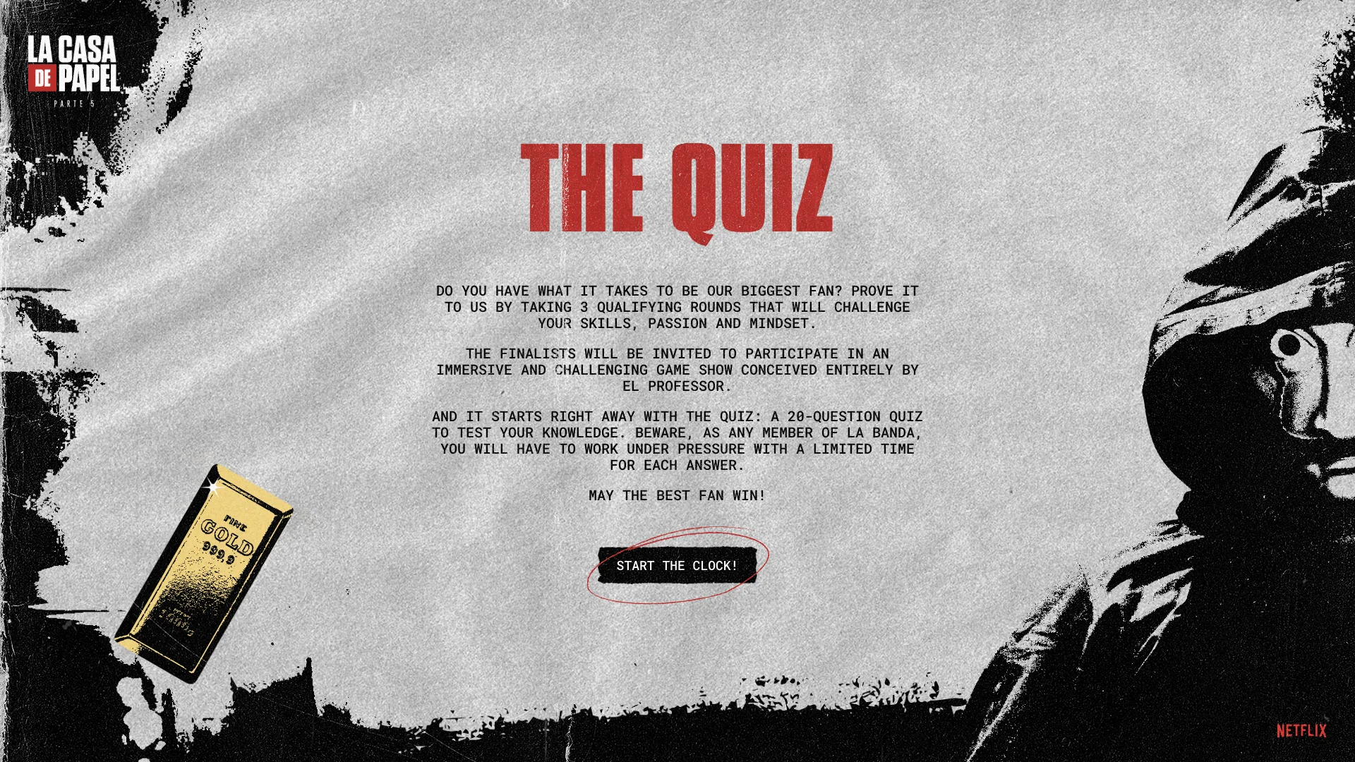 La Casa de Papel Biggest Fan quiz start screen